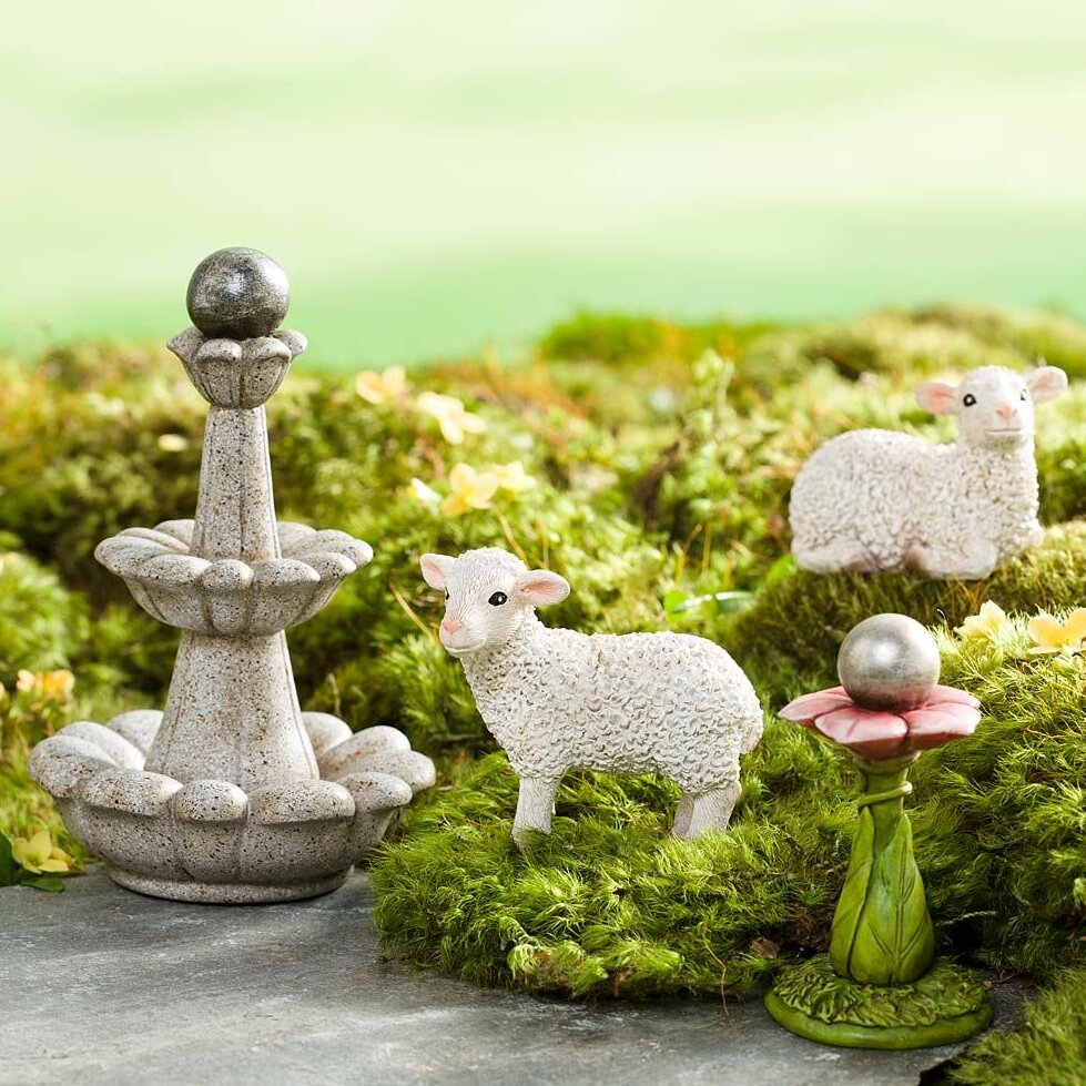 Plow Hearth Fairy Garden 4 Piece Fountain And Sheep Statue Set