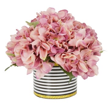 The Holiday Aisle  Pink Hydrangea Bouquet  in Striped Pot 