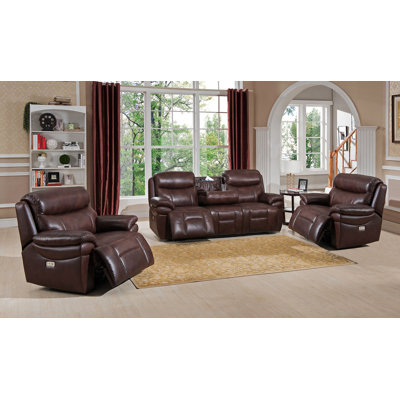 Amax Sanford 3 Piece Leather Power Reclining Living Room Set with USB Ports, Power Headrests, and Drop Down Table