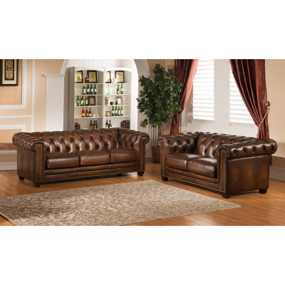 Amax Hickory Chesterfield Genuine Leather Sofa a..