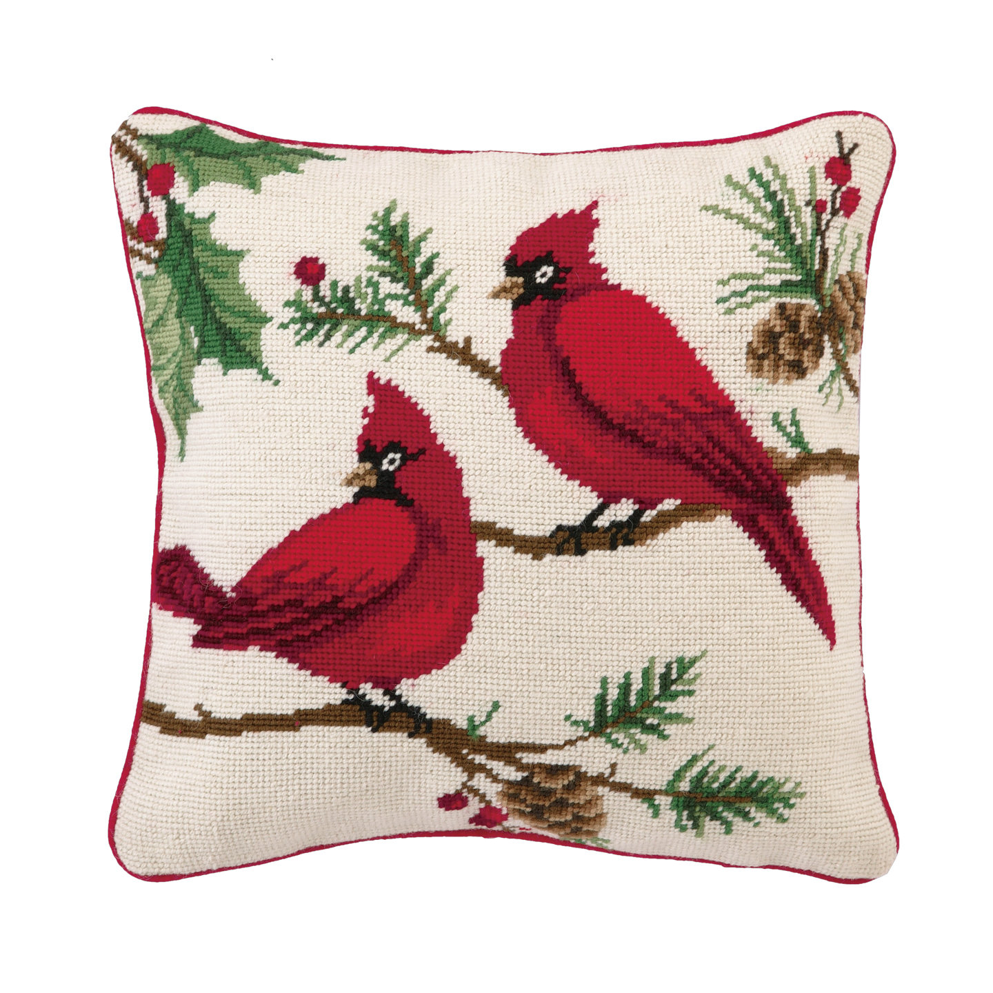 Peking Handicraft Needlepoint Winterberry Cardinals Wool Throw Pillow