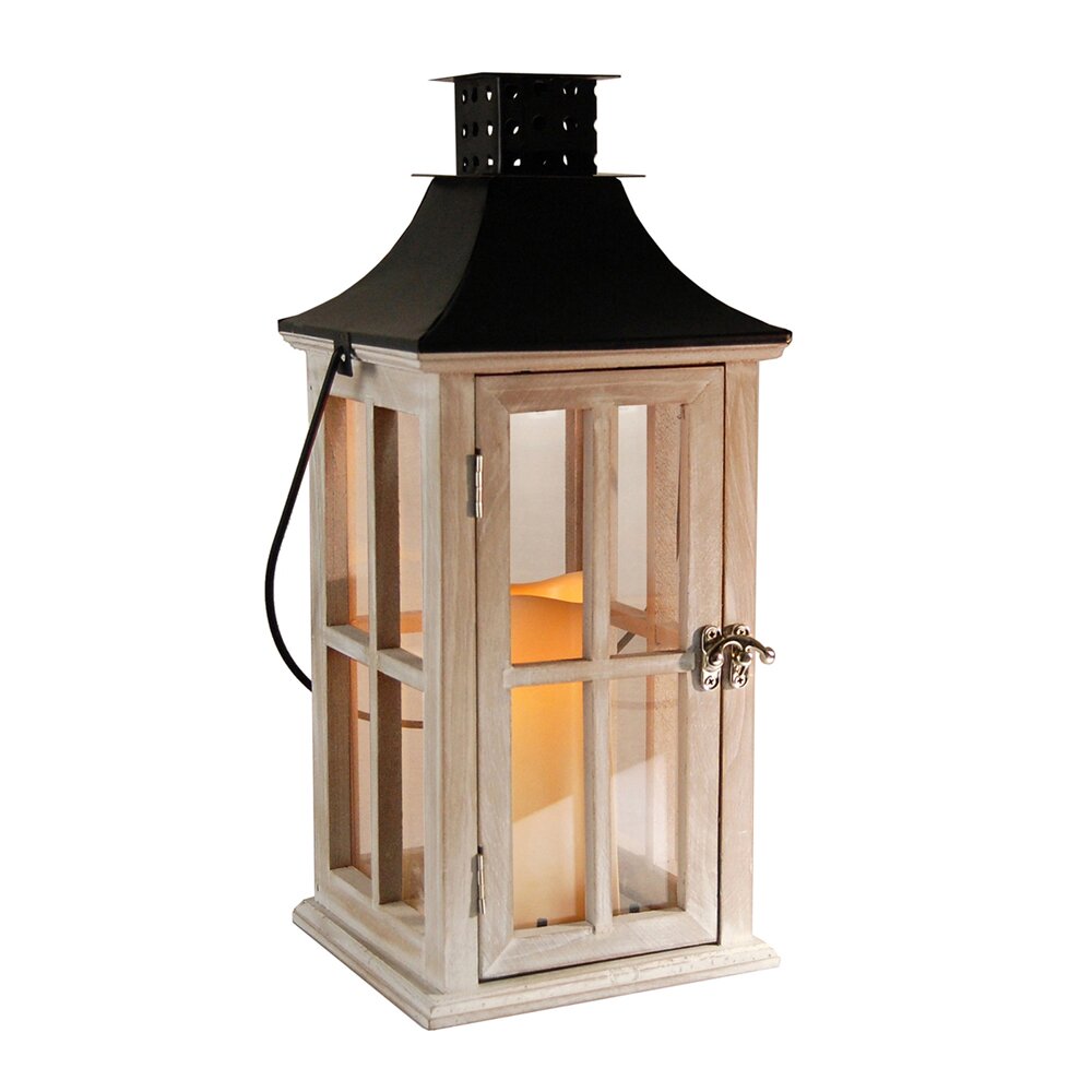 LumaBase Wooden Lantern with Metal Roof and LED Candle 