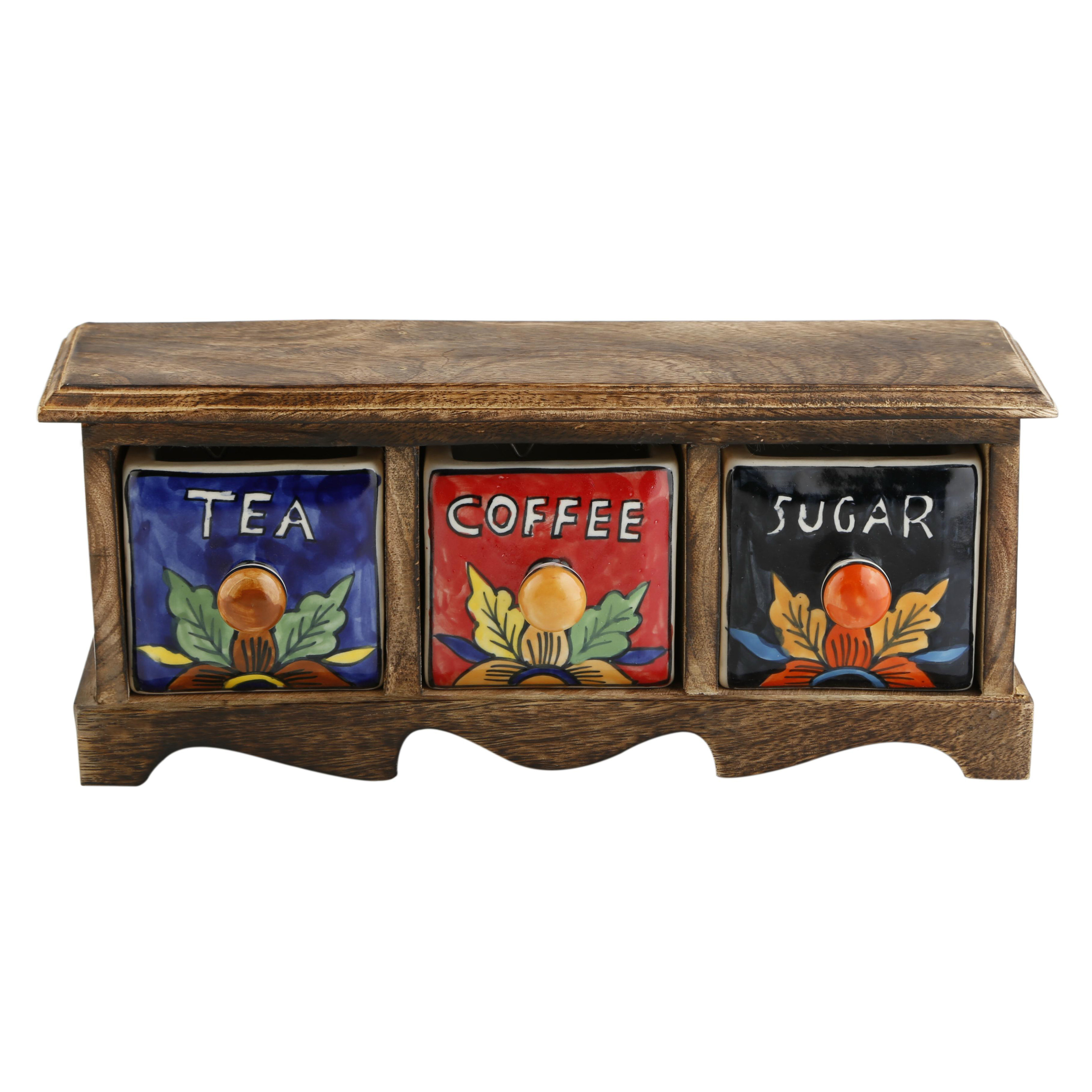 Kindwer Curios Tea Coffee Sugar 3 Drawer Wood Apothecary Chest