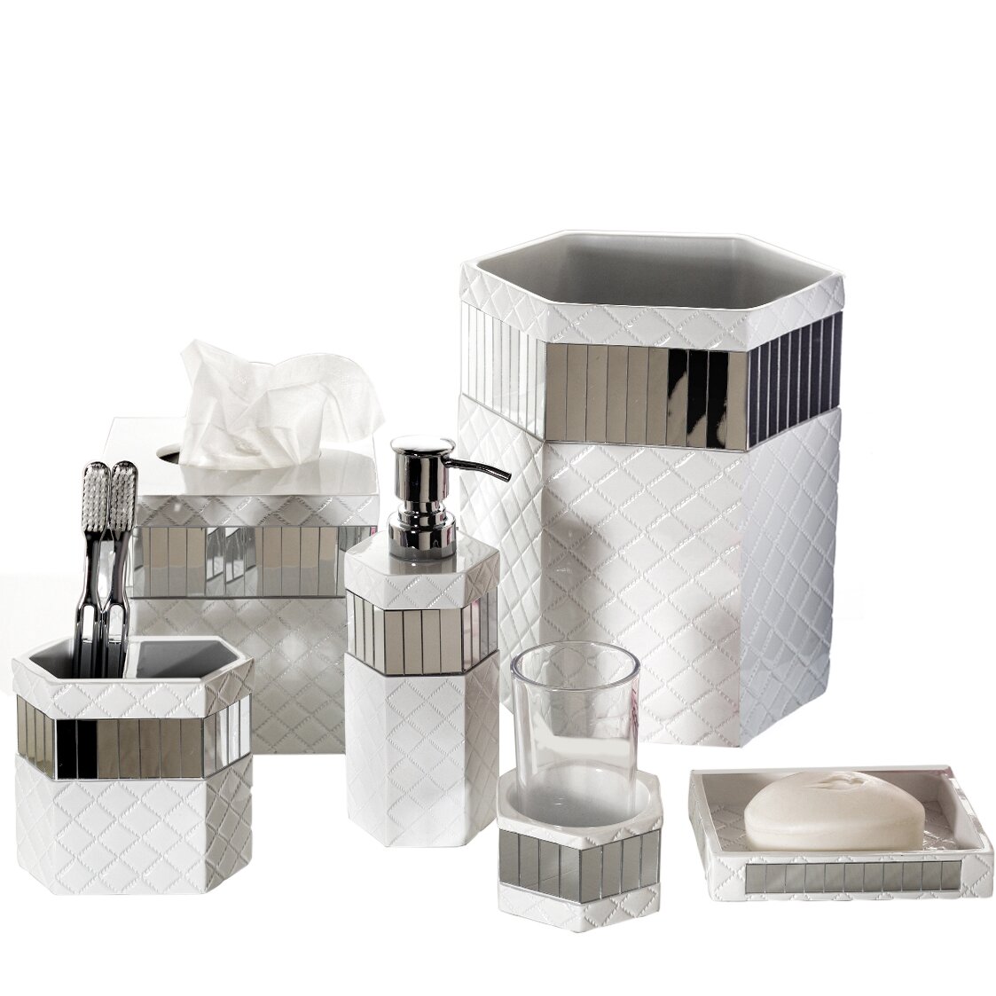 Creative Scents Quilted Mirror 6-Piece Bathroom Accessory ...