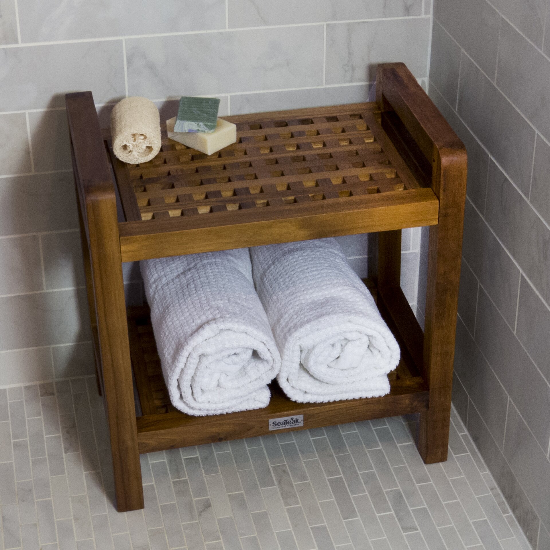 SeaTeak Teak Free Standing Shower Bench Wayfair   SeaTeak 60026 Shower And Spa Seat Rectangular Grate W Lower Shelf Oiled Finish KD 60026 