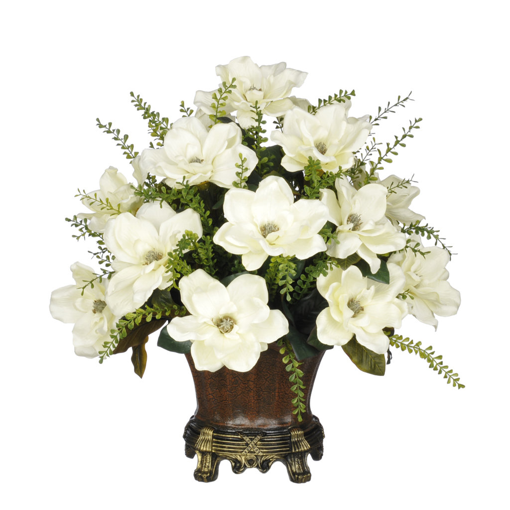 House of Silk Flowers Artificial Cream Magnolia with Mini Boxwood