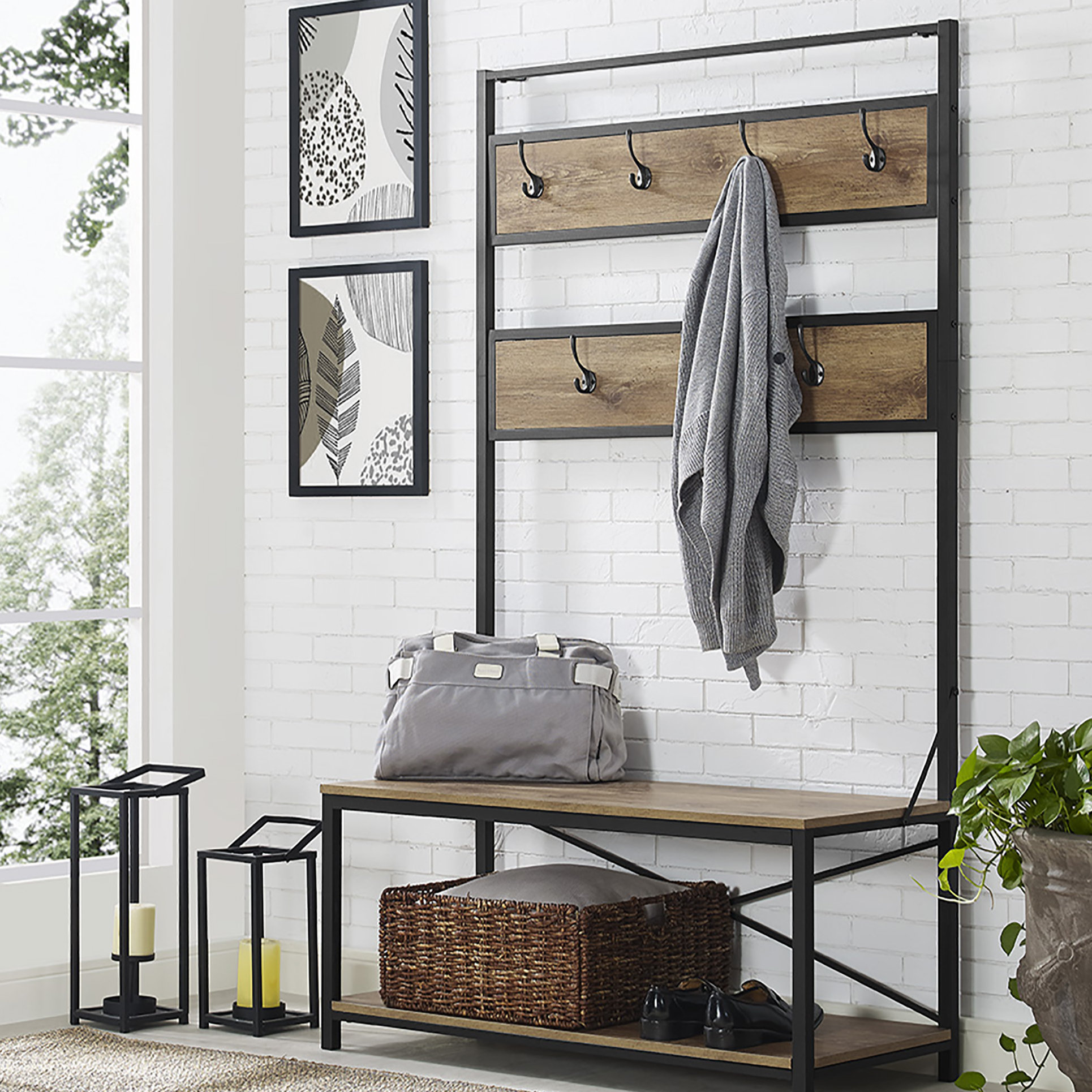 Walker Edison Industrial Metal and Wood Hall Tree Wayfair