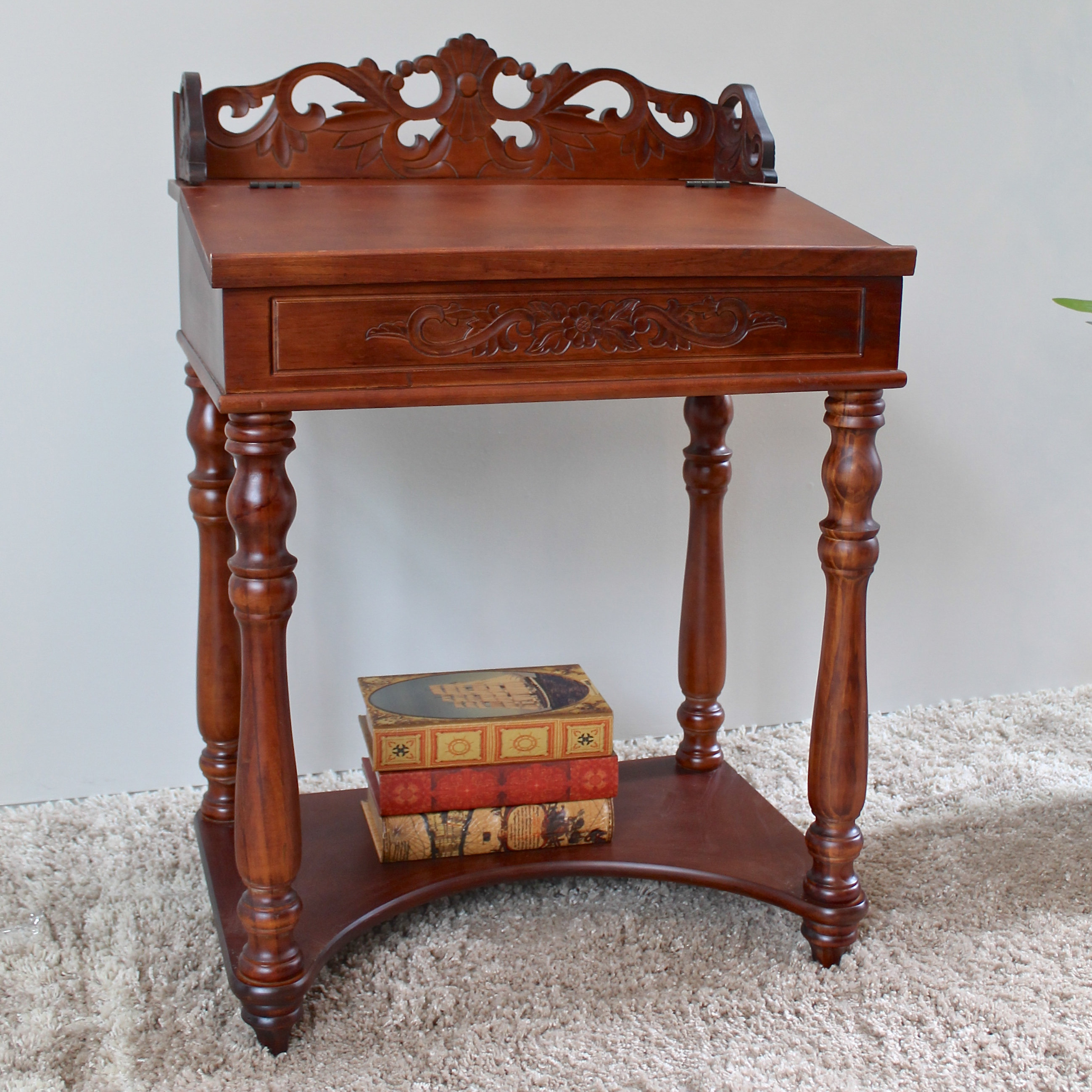 International Caravan Windsor Hand Carved Small Wood Writing Desk 
