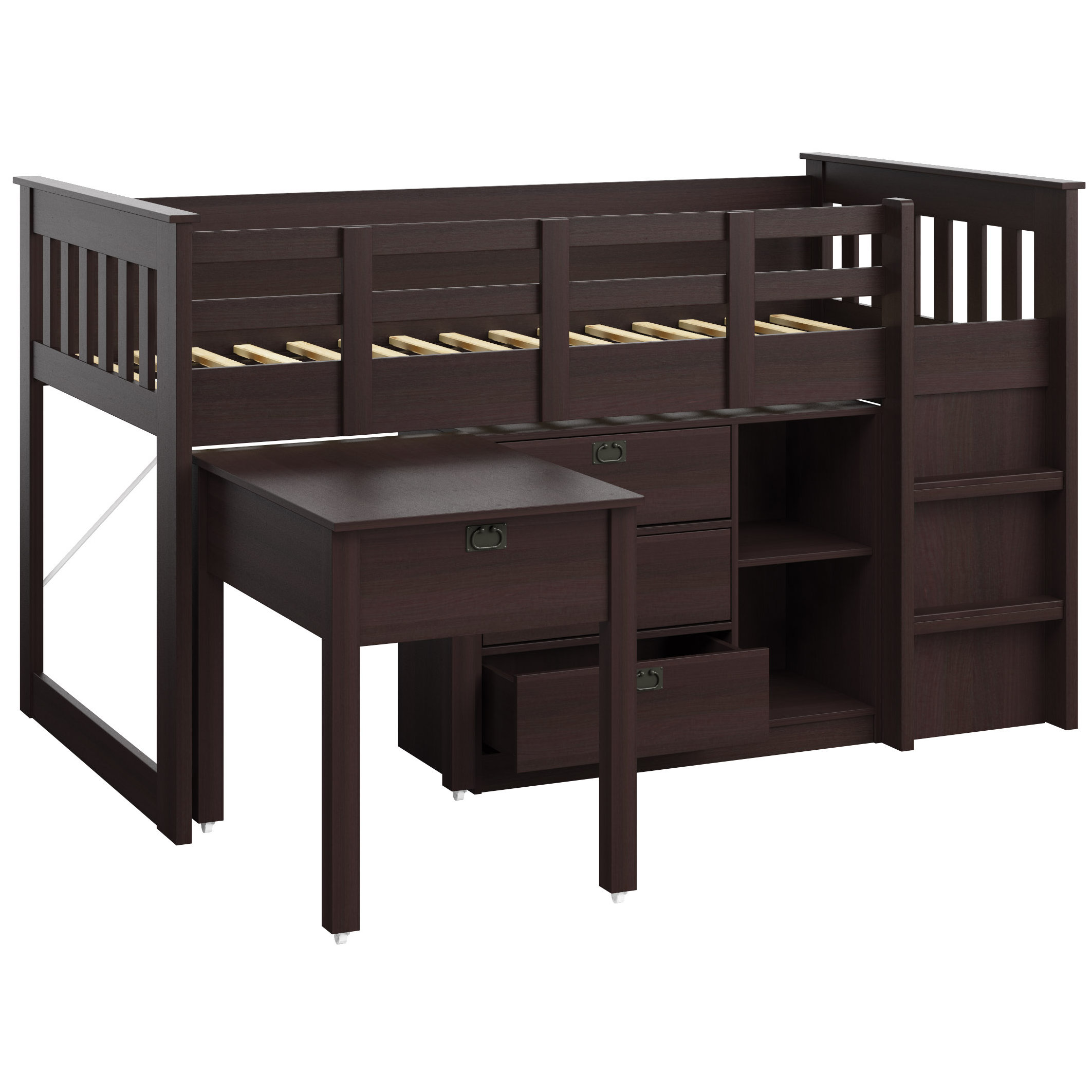 low loft bed with storage