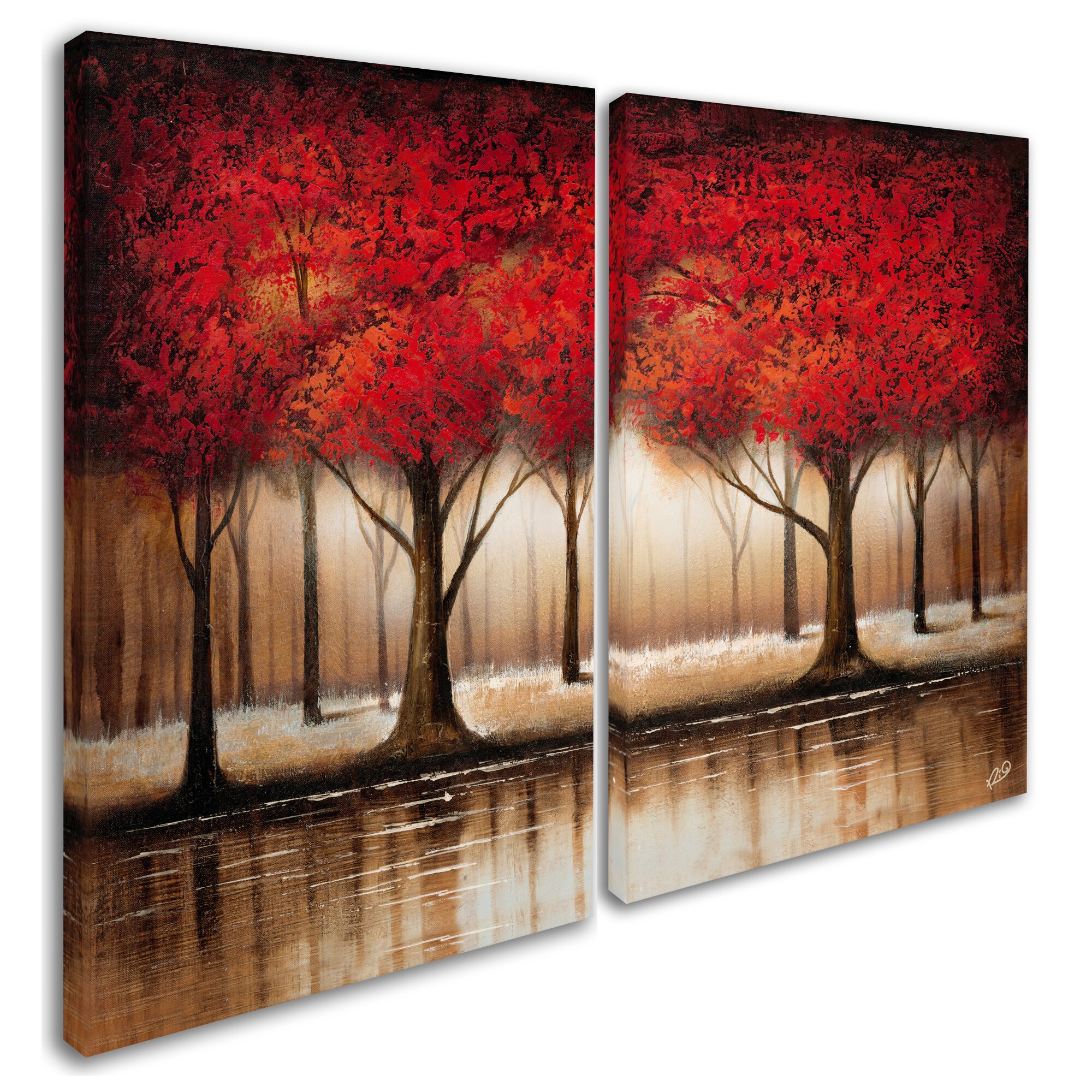 Three Posts Autumn Trees 2 Piece Painting Print on Wrapped Canvas Set ...