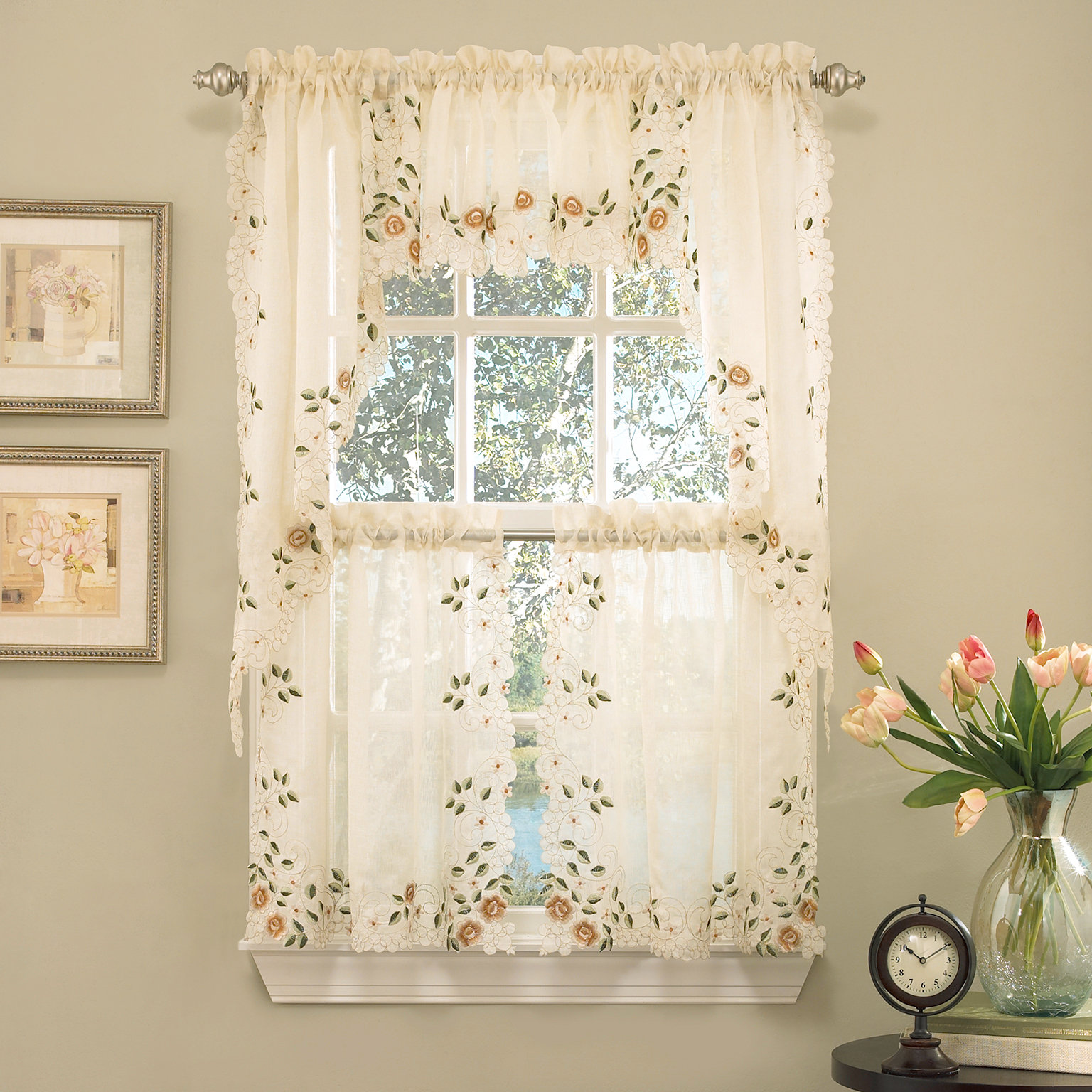 Sweet Home Collection Old World Style Floral Embroidered SemiSheer