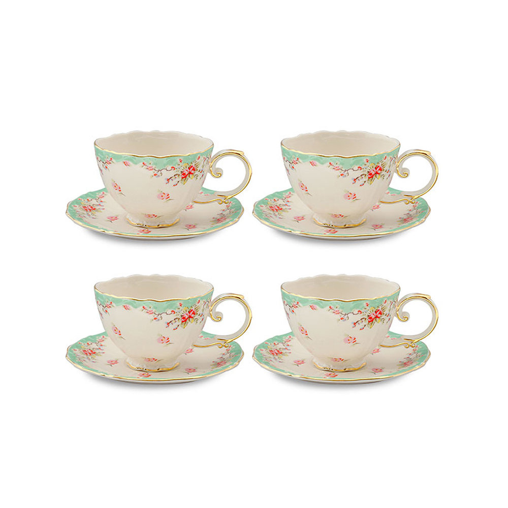 Coastline Imports Vintage Green Rose Porcelain 7 oz. Tea Cup and Saucer