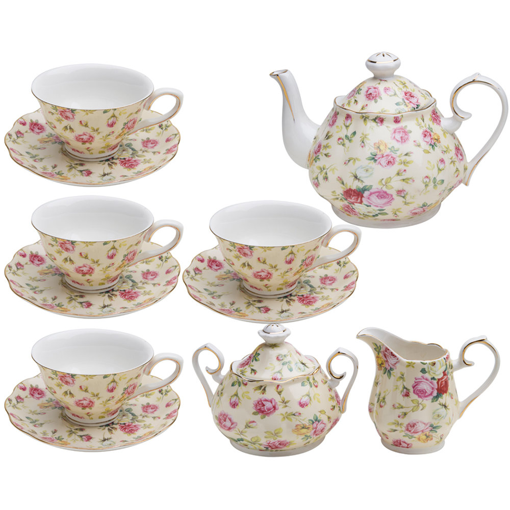 Coastline Imports 11 Piece Porcelain Rose Chintz Cream Cottage Tea Set