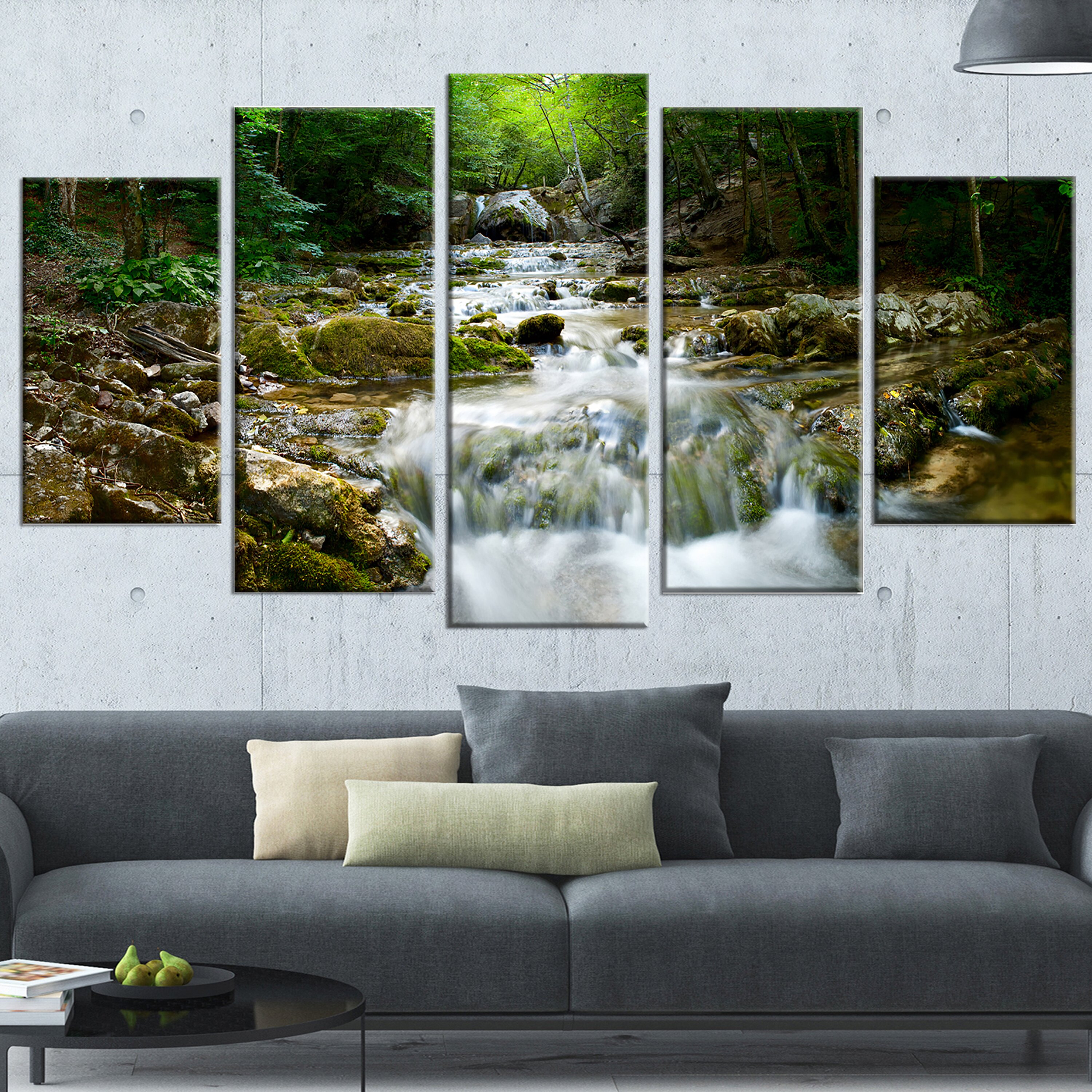 DesignArt 'Natural Spring Waterfall' 5 Piece Wall Art on Wrapped Canvas ...