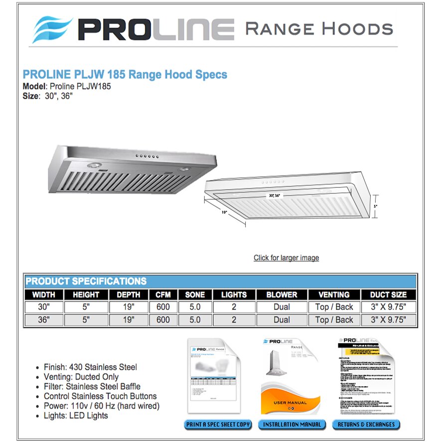 ProLine Range Hoods 36" 600 CFM Ducted Wall/Under Range Hood