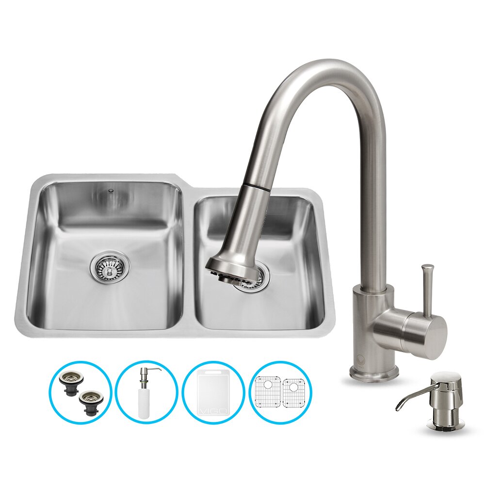 Vigo 32 inch Undermount 60 40 Double Bowl 18 Gauge Stainless Steel Kitchen Sink with Harrison Stainless Steel Faucet Two Grids Two Strainers and Soap Dispenser