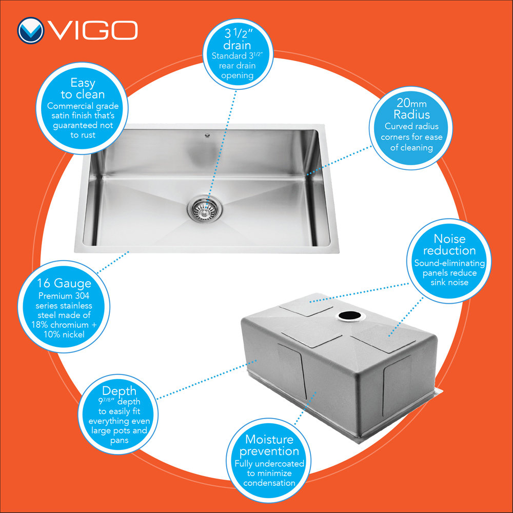 Vigo 30 inch Undermount Single Bowl 16 Gauge Stainless Steel Kitchen