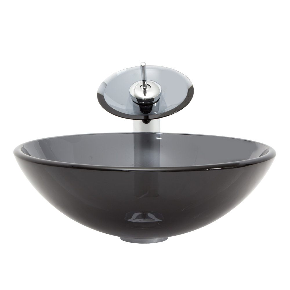 Vigo Sheer Black Glass Vessel Bathroom Sink and Waterfall Faucet with