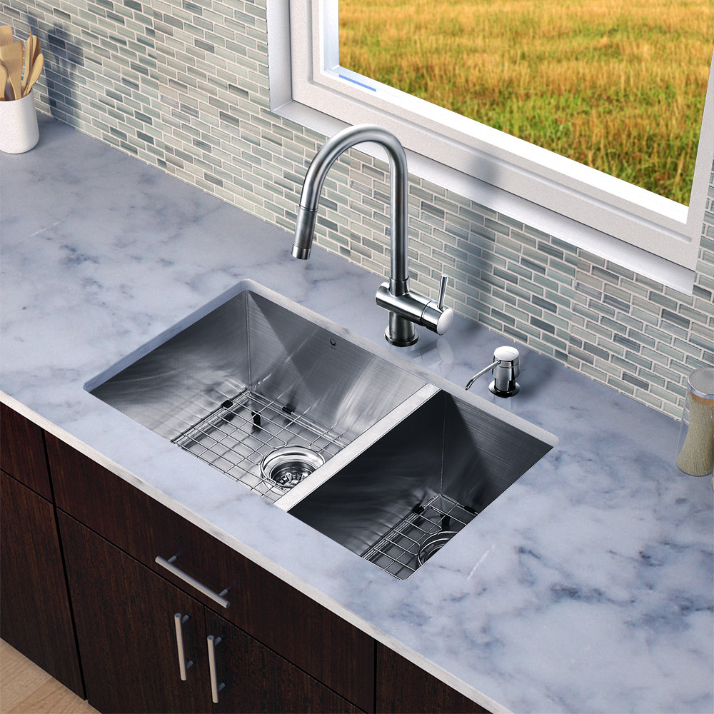 Vigo 29 inch Undermount 70 30 Double Bowl 16 Gauge Stainless Steel Kitchen Sink with Gramercy Stainless Steel Faucet Two Grids Two Strainers and Soap Dispenser