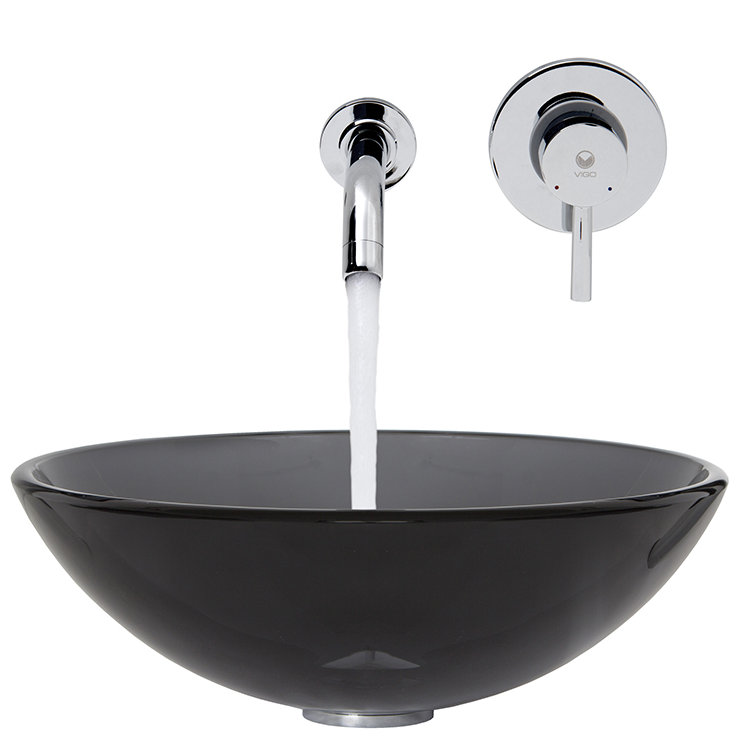 Vigo Sheer Black Glass Vessel Bathroom Sink and Olus Wall Mount Faucet ...