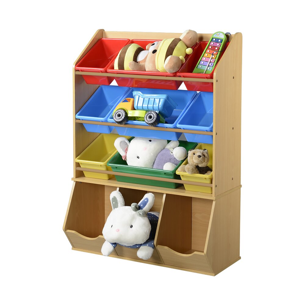 wooden toy organizer with plastic bins