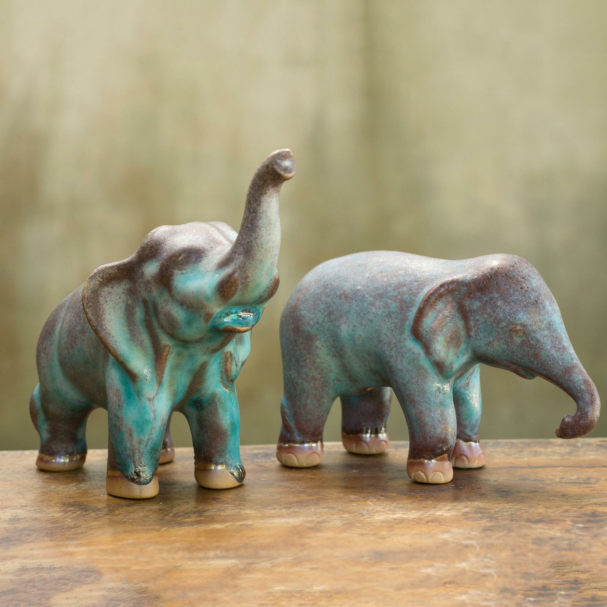 Novica Duangkamol 2 Piece Artisan Crafted Ceramic Elephants Figurine