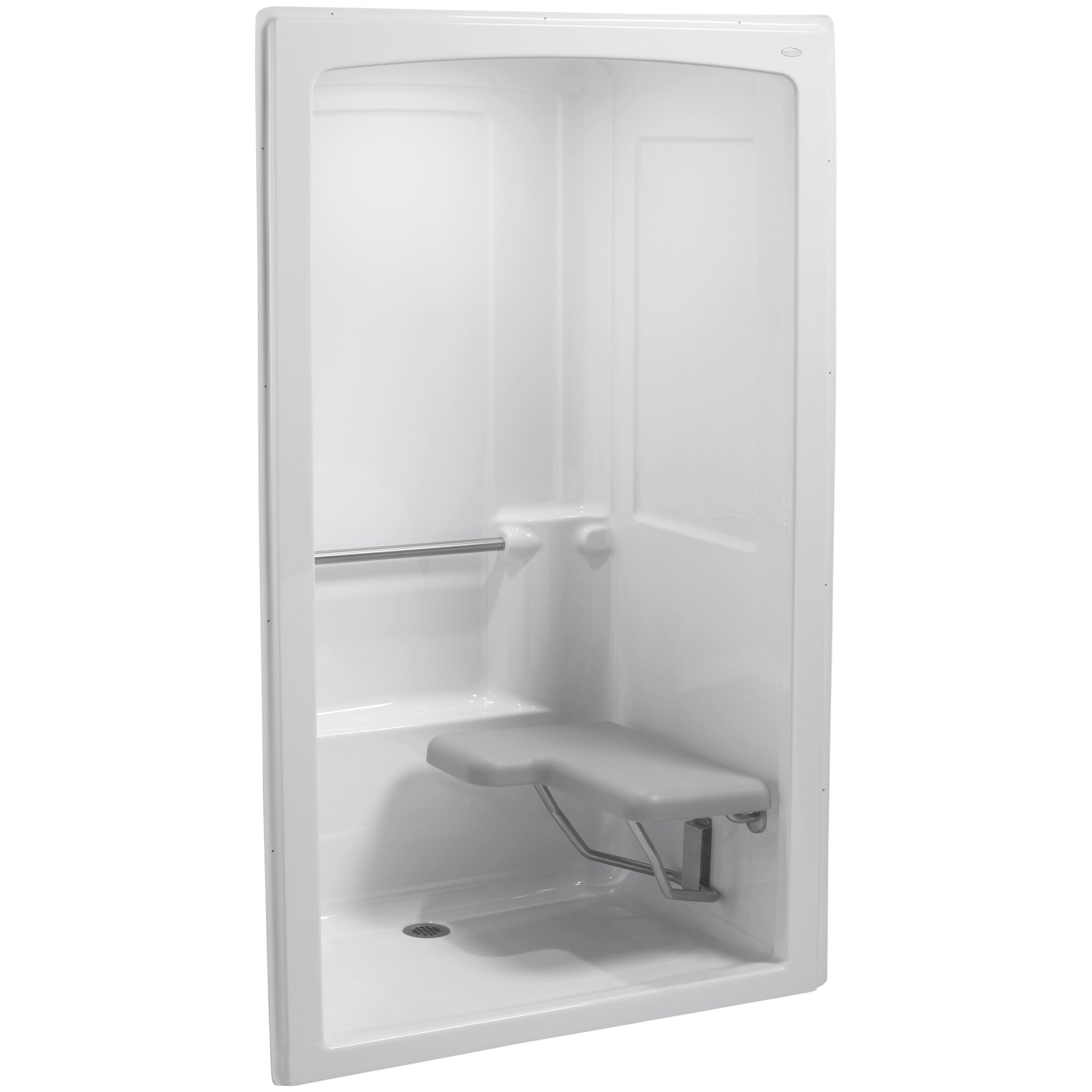Kohler Freewill 52 X 38 1 2 X 84 Barrier Free Shower Stall With Brushed Stainless Steel Grab Bars And Seat At Right K 12112 C 