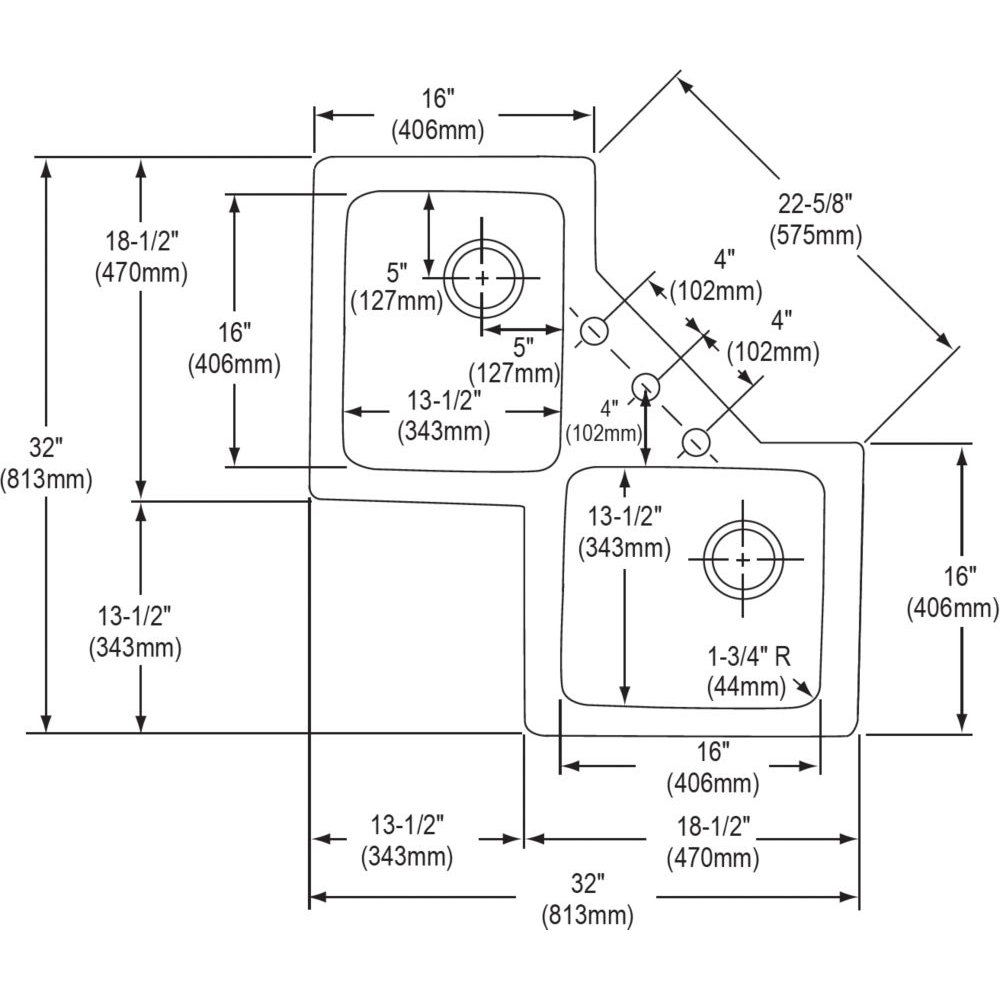 Elkay Lustertone 32" x 32" Undermount Double Bowl Corner Kitchen Sink