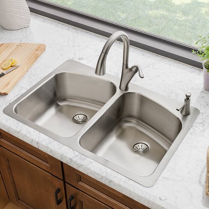 Elkay Harmony 33" x 22" Stainless Steel Equal Double Bowl Dual Mount 33 X 22 Stainless Steel Kitchen Sink